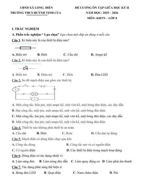 Đề cương ôn tập Giữa kì 2 KHTN 8 năm 2025–2026 trường THCS Huỳnh Tịnh Của (TP Hồ Chí Minh)